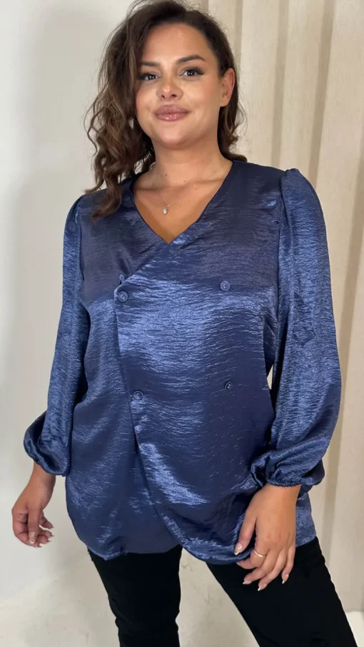 CurveWow Hammered Satin Wrap Blouse Navy