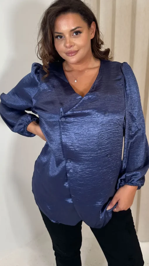 CurveWow Hammered Satin Wrap Blouse Navy