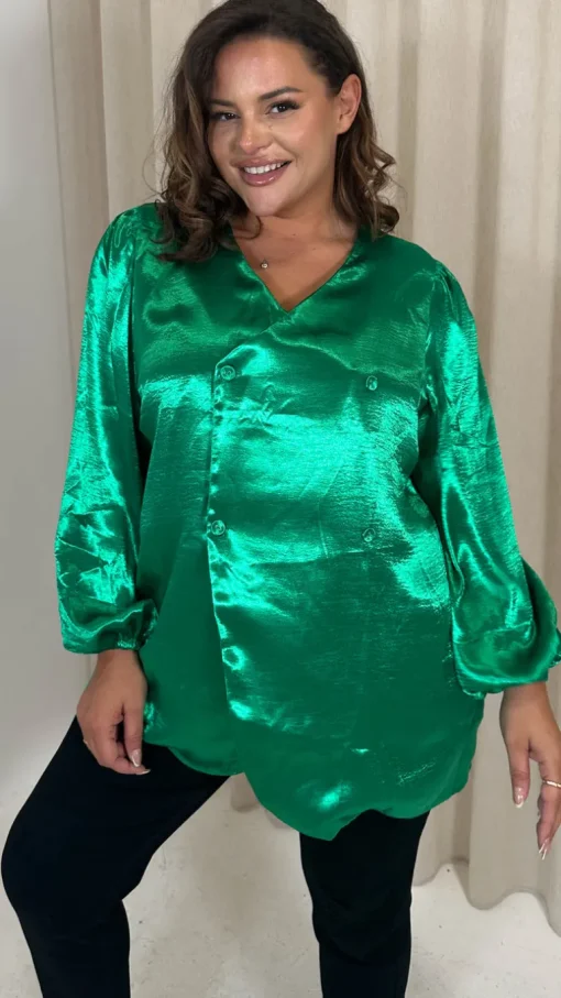 CurveWow Hammered Satin Wrap Blouse Green