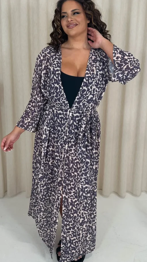 CurveWow Kimono Tie Waist Cover Up Animal Print
