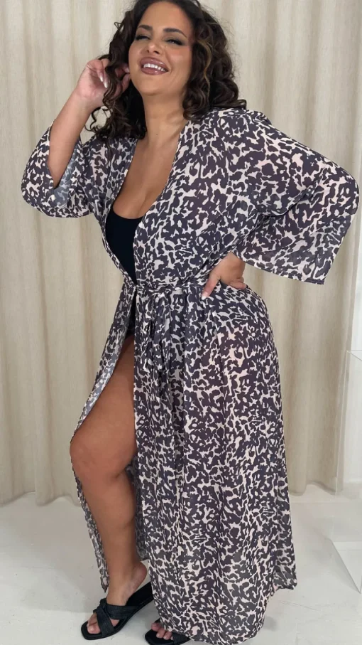 CurveWow Kimono Tie Waist Cover Up Animal Print