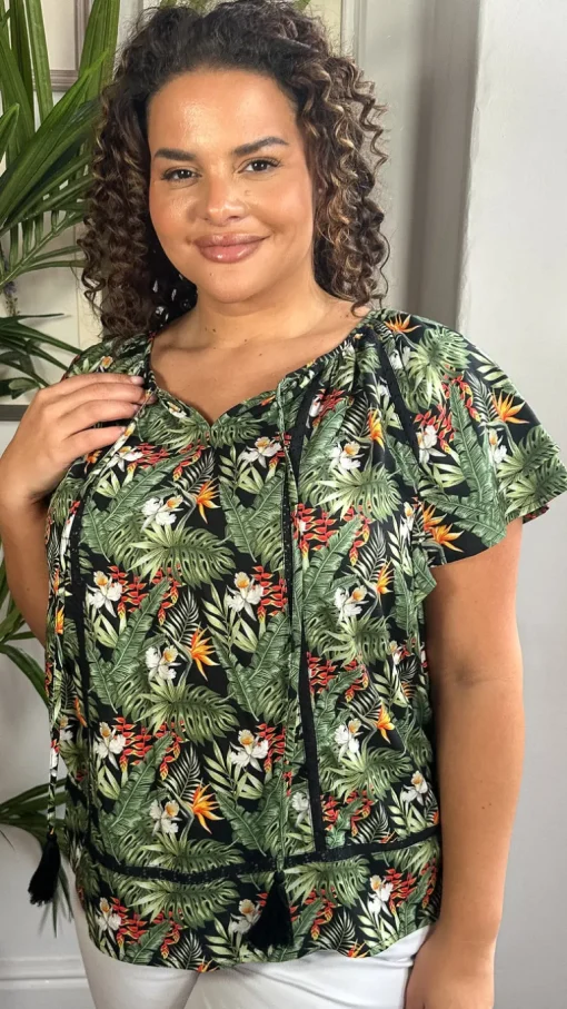 CurveWow Lace Insert Tassel Tie Top Black Tropical