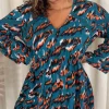 CurveWow Lace Insert V Neck Smock Dress Leopard Print