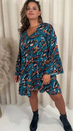 CurveWow Lace Insert V Neck Smock Dress Leopard Print