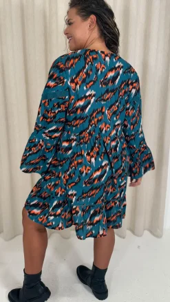 CurveWow Lace Insert V Neck Smock Dress Leopard Print