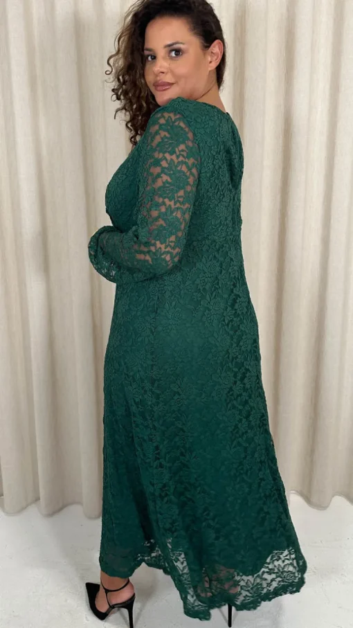 CurveWow Lace Plunge Maxi Dress Forest Green
