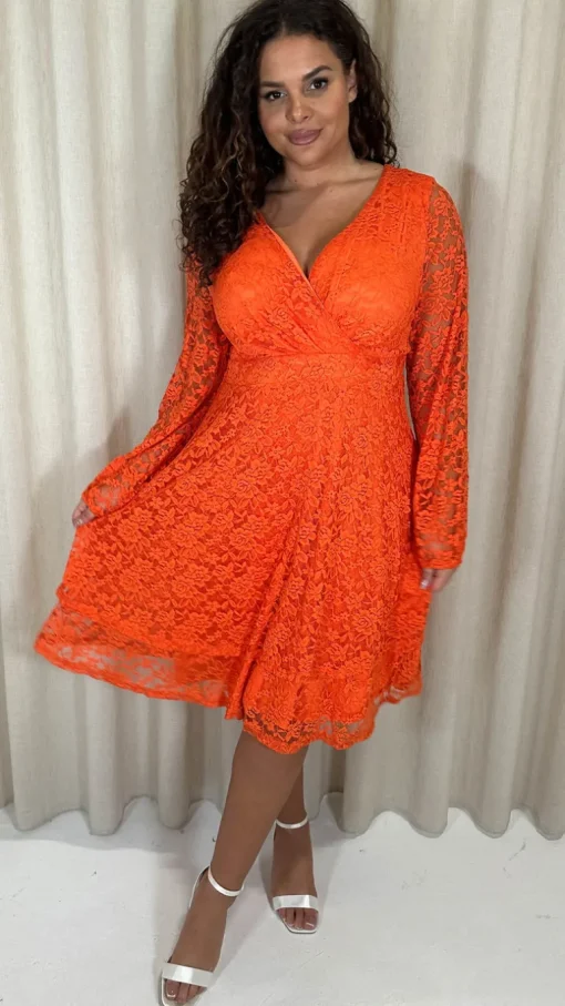 CurveWow Lace Plunge Ruffle Skater Dress Orange