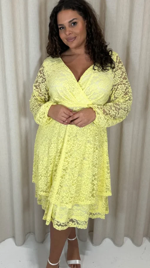 CurveWow Lace Plunge Ruffle Skater Dress Lemon