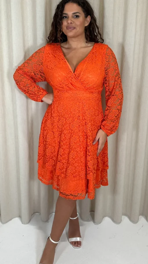 CurveWow Lace Plunge Ruffle Skater Dress Orange