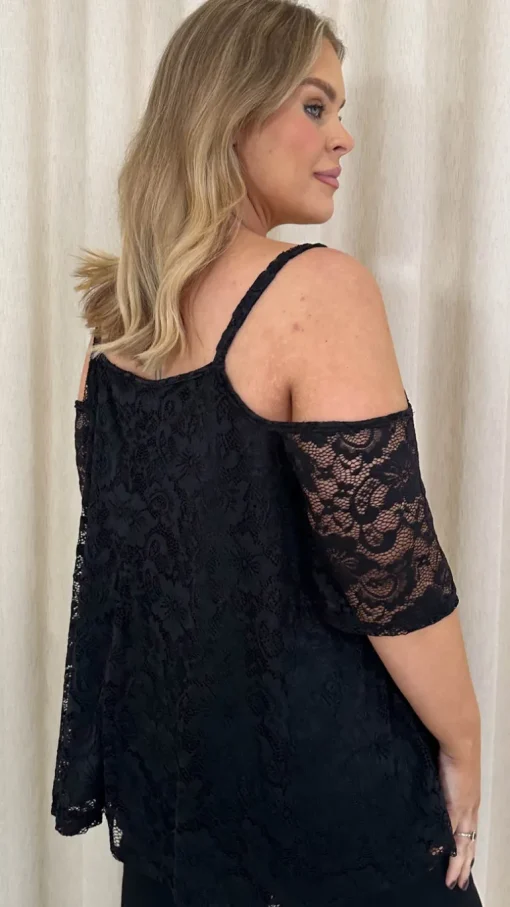 CurveWow Lace Strappy Cold Shoulder Top Black