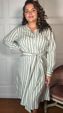 CurveWow Linen Belted Oversized Shirt Dress Green/White Stripe