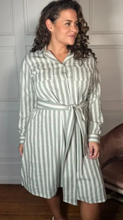 CurveWow Linen Belted Oversized Shirt Dress Green/White Stripe
