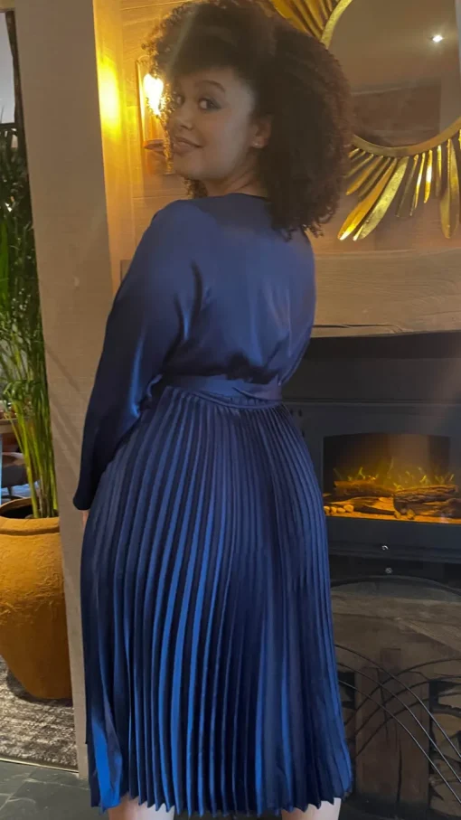 CurveWow Long Sleeve Pleated Wrap Dress Navy