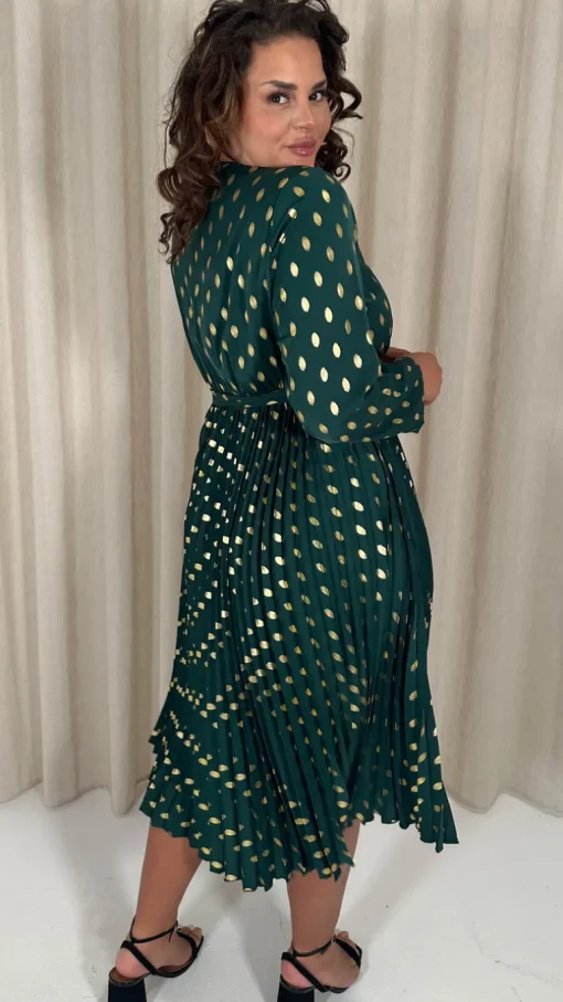 CurveWow Long Sleeve Pleated Wrap Dress Green Spot