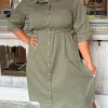 CurveWow Long Sleeve Tie Waisted Dress Khaki