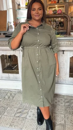CurveWow Long Sleeve Tie Waisted Dress Khaki