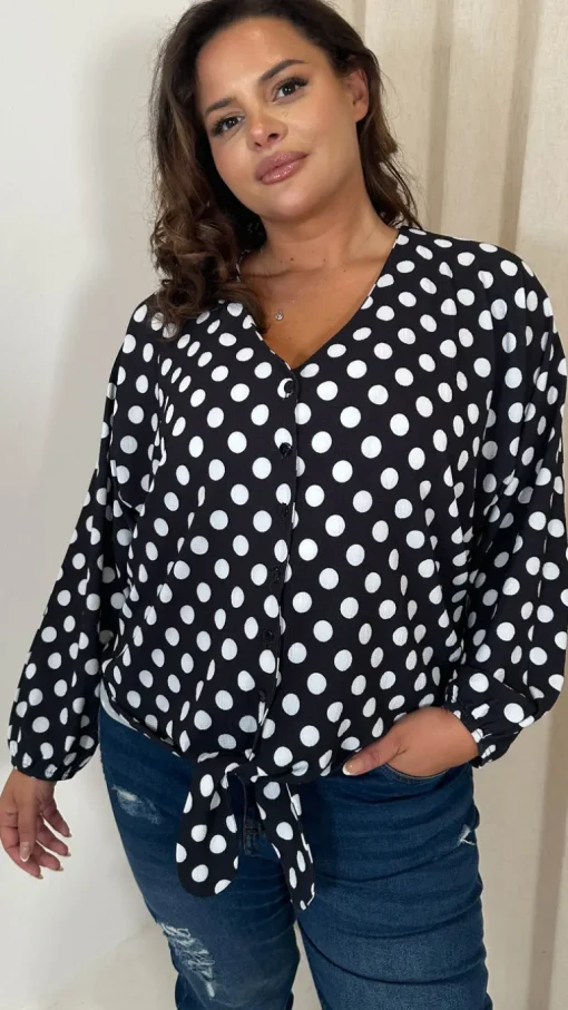 CurveWow Long Sleeve Tie Front Shirt White Polka Dot