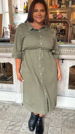 CurveWow Long Sleeve Tie Waisted Dress Khaki
