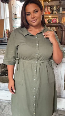 CurveWow Long Sleeve Tie Waisted Dress Khaki