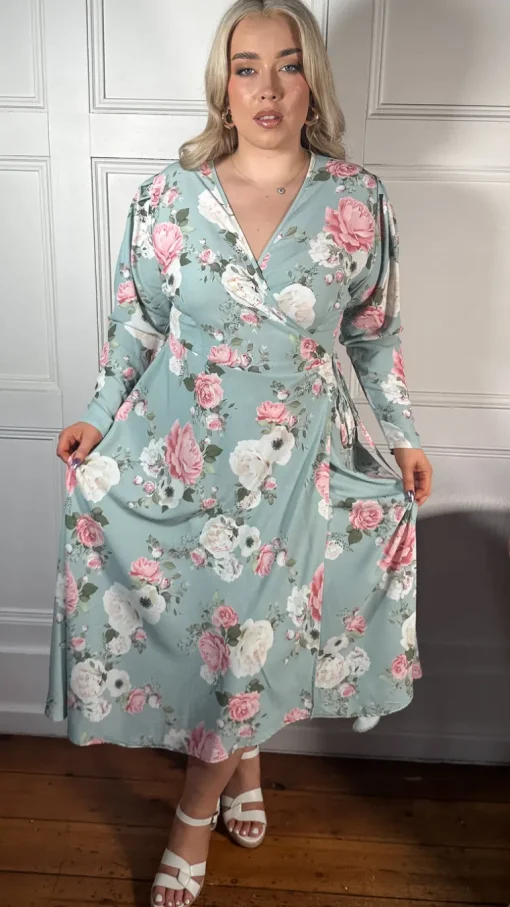 CurveWow Long Sleeve Wrap Dress Green Floral
