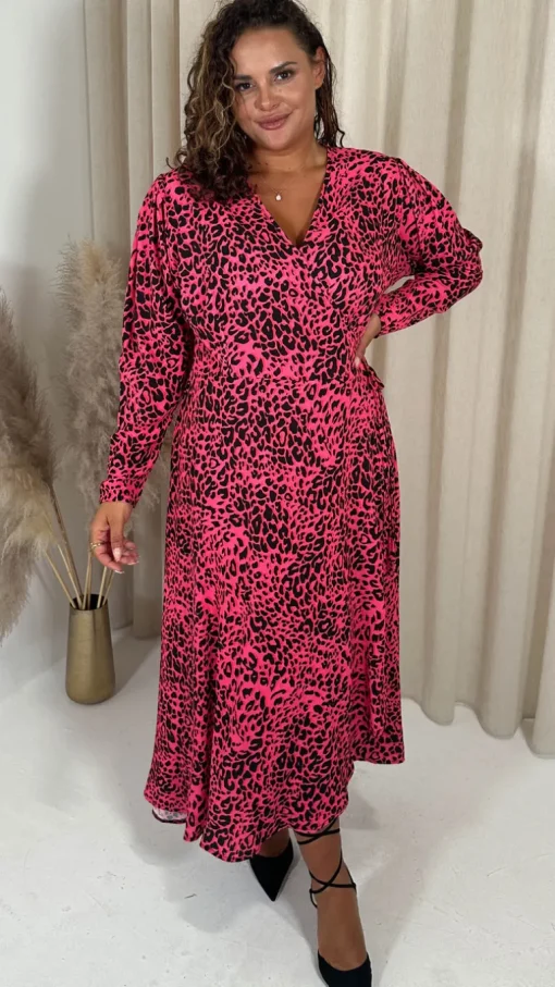 CurveWow Long Sleeve Wrap Dress Pink Animal