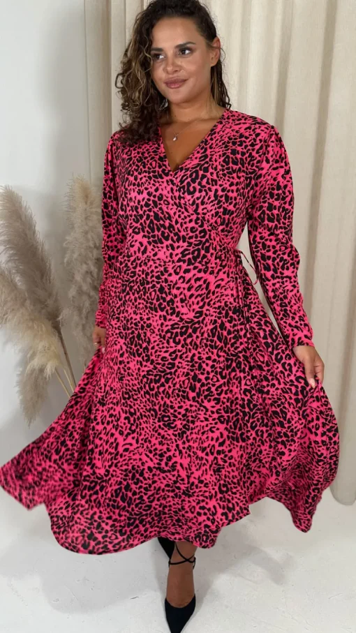 CurveWow Long Sleeve Wrap Dress Pink Animal