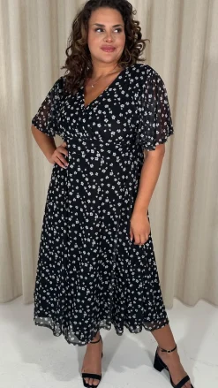 CurveWow Mesh Angel Sleeve Dress Mono Ditsy