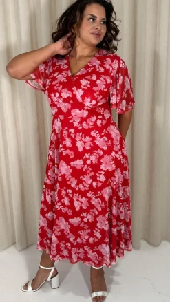 CurveWow Mesh Angel Sleeve Dress Red/Pink