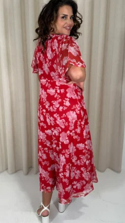 CurveWow Mesh Angel Sleeve Dress Red/Pink