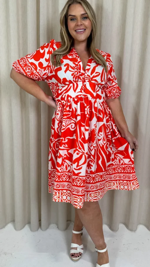 CurveWow Midi Smock Dress Red Tile