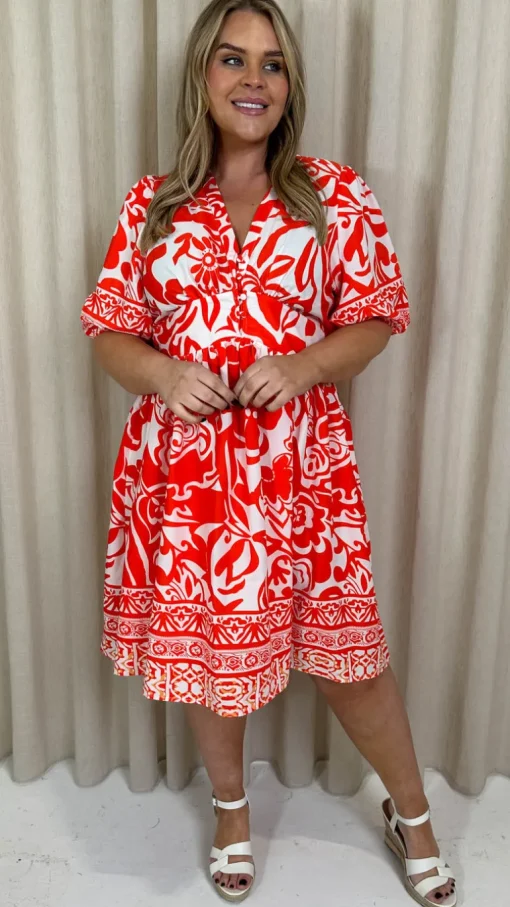CurveWow Midi Smock Dress Red Tile