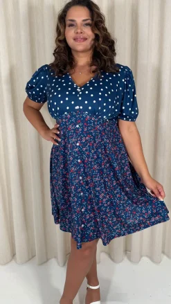 CurveWow Mock Button Mix Match Print Skater Dress Navy Mix