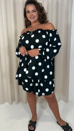 CurveWow Off The Shoulder Lantern Sleeve Tie Front Top Black Polka Dot