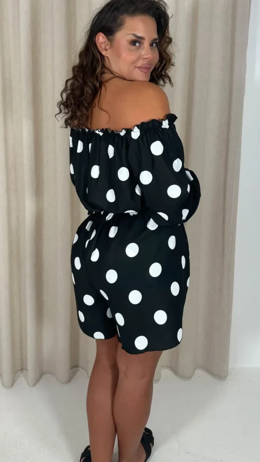 CurveWow Off The Shoulder Lantern Sleeve Tie Front Top Black Polka Dot