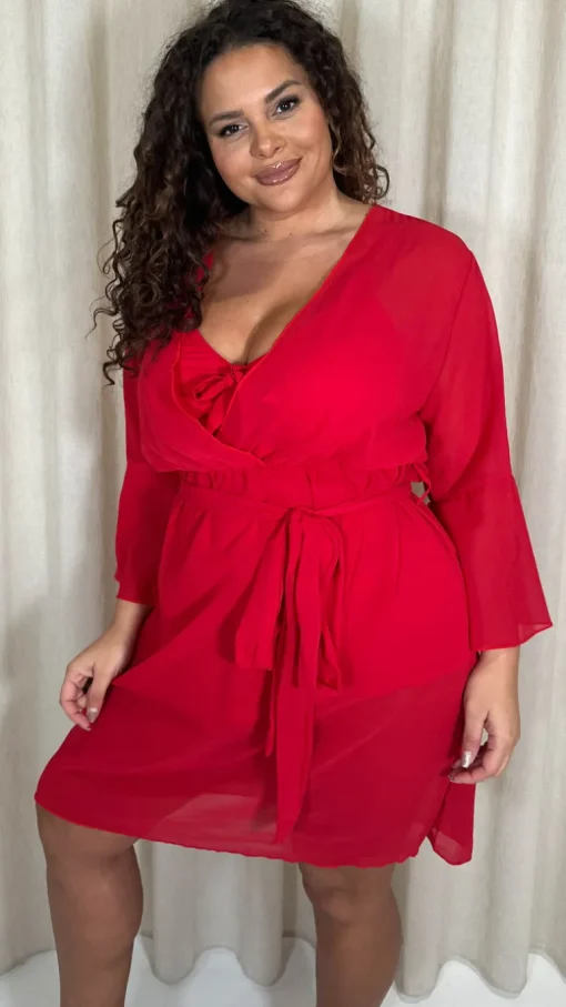 CurveWow Plain Mini Beach Kaftan Red Floral