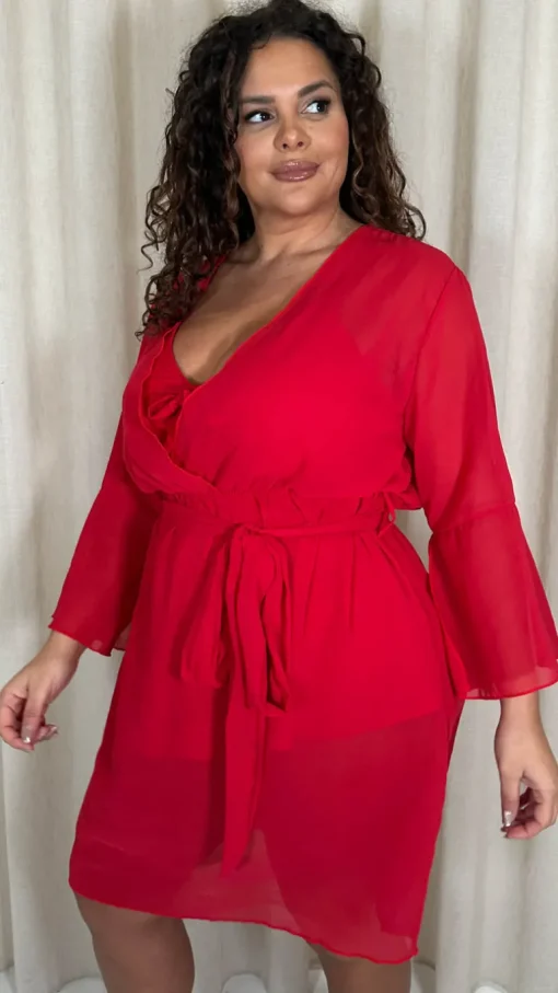 CurveWow Plain Mini Beach Kaftan Red Floral