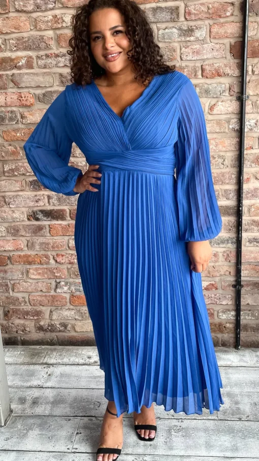 CurveWow Pleated Wrap Midi Dress Blue