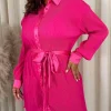 CurveWow Plisse Mini Shirt Dress Pink