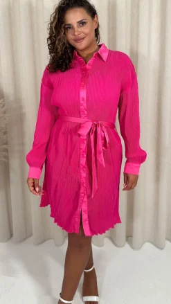 CurveWow Plisse Mini Shirt Dress Pink