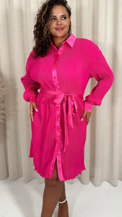 CurveWow Plisse Mini Shirt Dress Pink