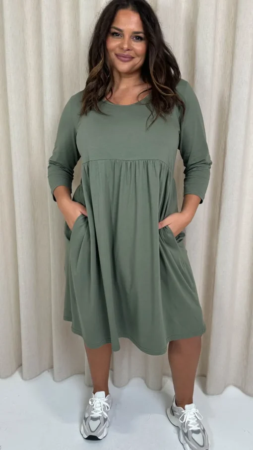 CurveWow Pocket Smock Dress Khaki