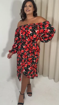 CurveWow Printed Bardot Midi Dress Red Floral
