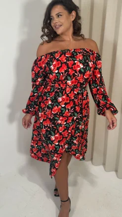 CurveWow Printed Bardot Midi Dress Red Floral