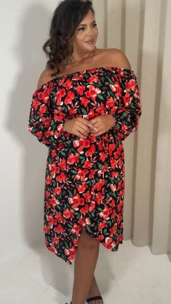 CurveWow Printed Bardot Midi Dress Red Floral