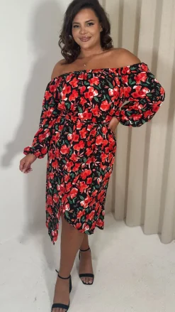 CurveWow Printed Bardot Midi Dress Red Floral