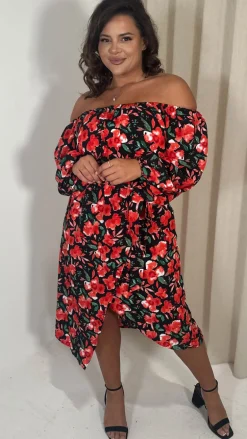 CurveWow Printed Bardot Midi Dress Red Floral