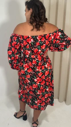 CurveWow Printed Bardot Midi Dress Red Floral