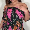 CurveWow Printed Bardot Top Black Floral
