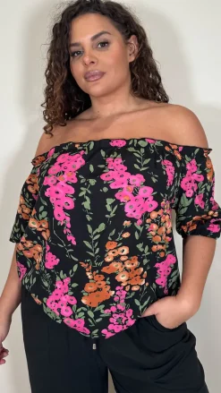 CurveWow Printed Bardot Top Black Floral