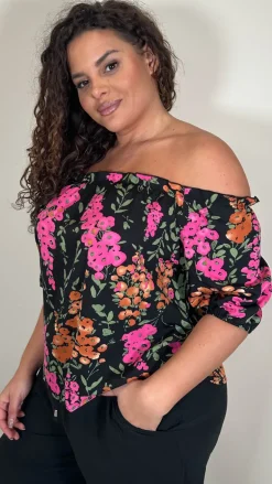 CurveWow Printed Bardot Top Black Floral